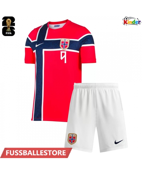 Günstige Norwegen Erling Haaland #9 Heimtrikotsatz Kinder WM 2026 Kurzarm (+ Kurze Hosen)